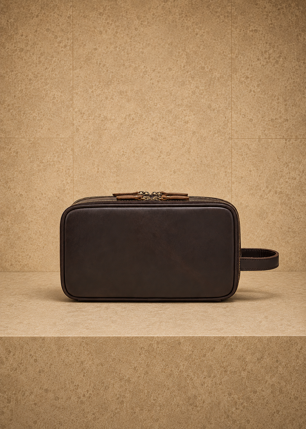 The Bellagio Wash Bag in Dark Coffee genuine leather, full zip closure