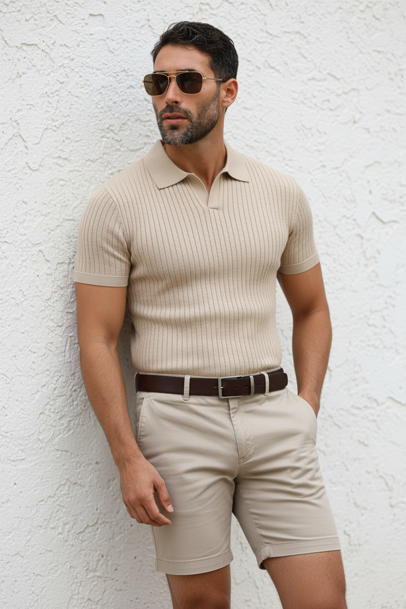 Beige Polo Muscle Fit Shorts - Against Wall
