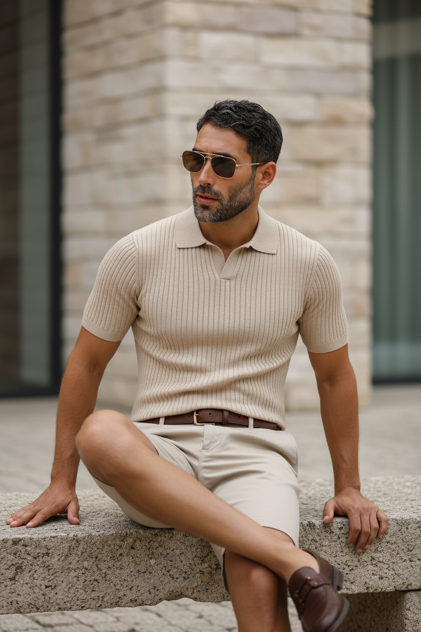Beige Polo Muscle Fit Shorts - Seated