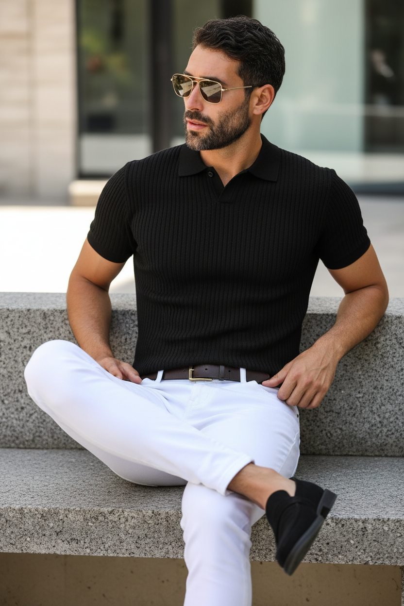Black Polo White Jeans - Seated