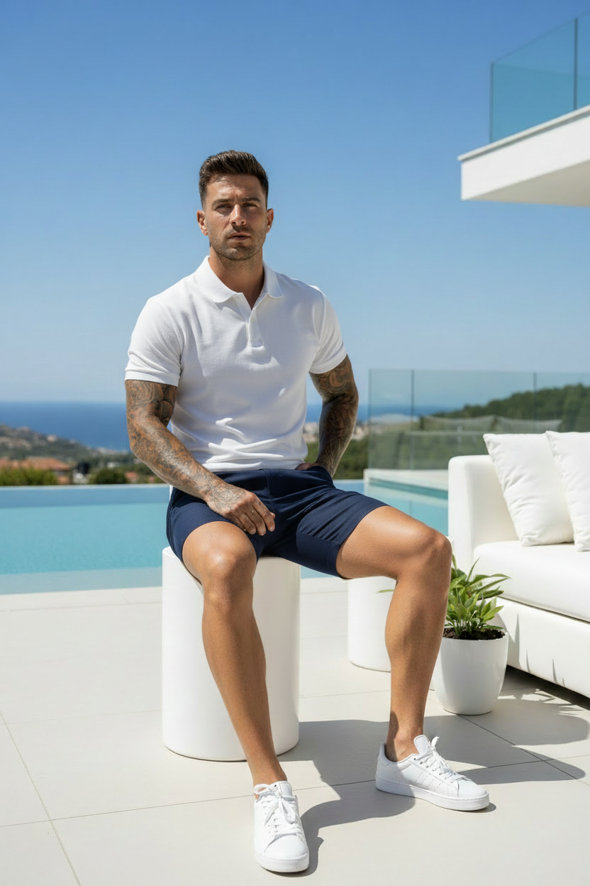 Navy shorts outdoor lounge