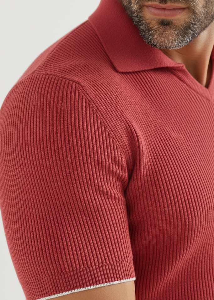 Red Polo Model Close-Up - Sleeve Trim