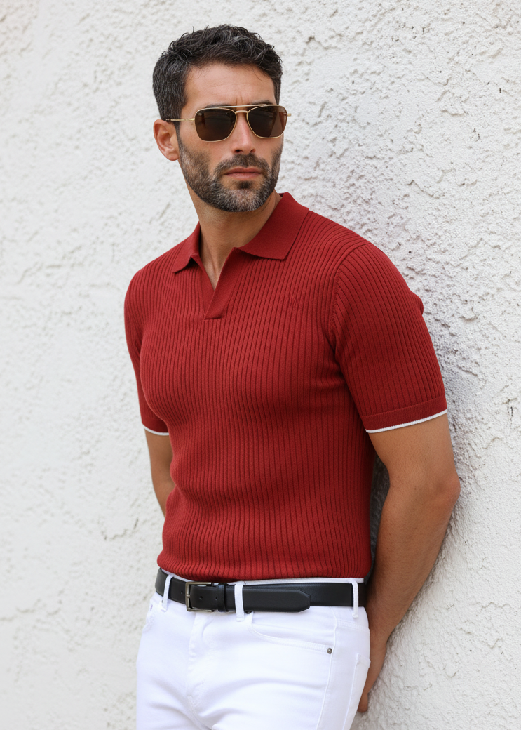 Red Polo White Jeans - Against Wall