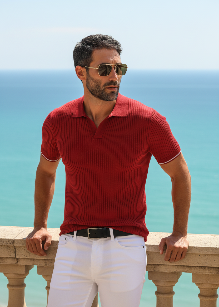 Red Polo White Jeans - Balcony Sea View