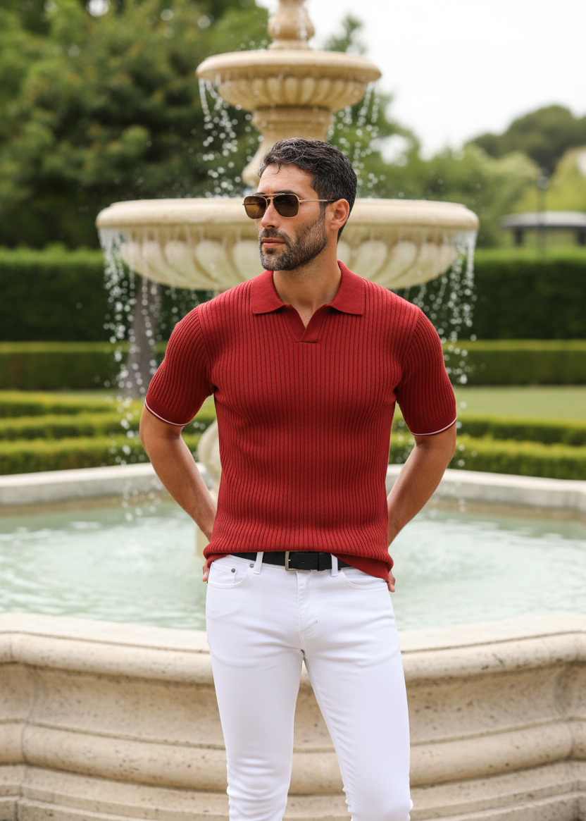 Red Polo White Jeans - Near Fountain Hand on Hip