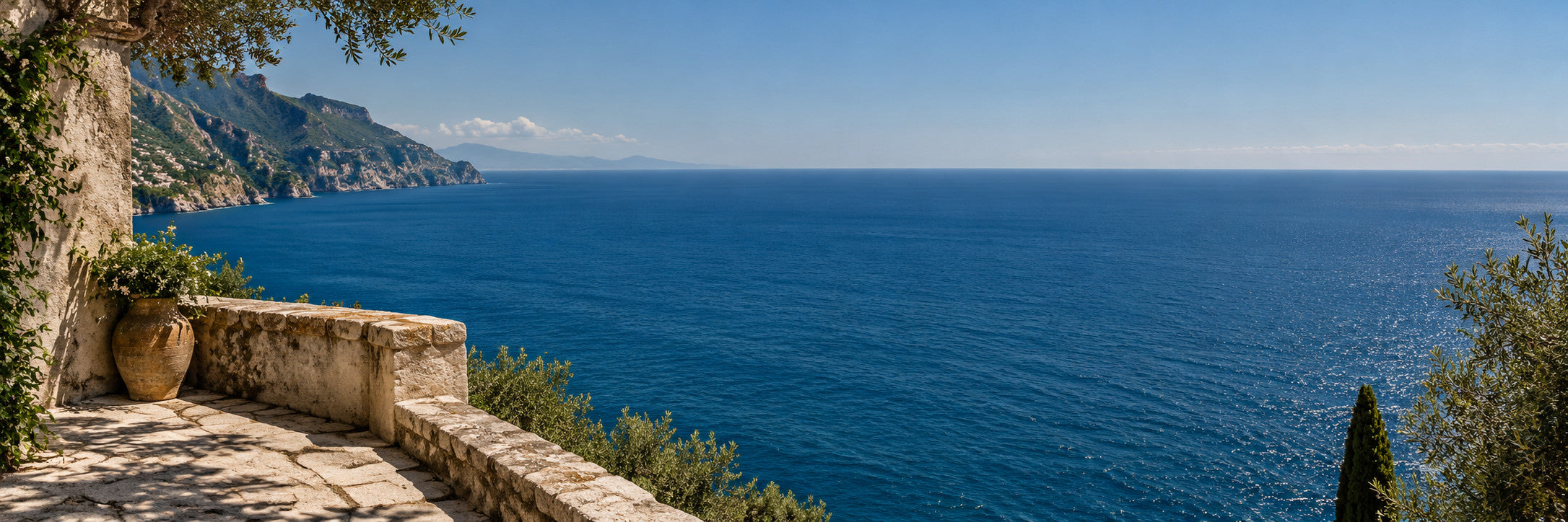 Mediterranean sea and sunlit coastal terrace
